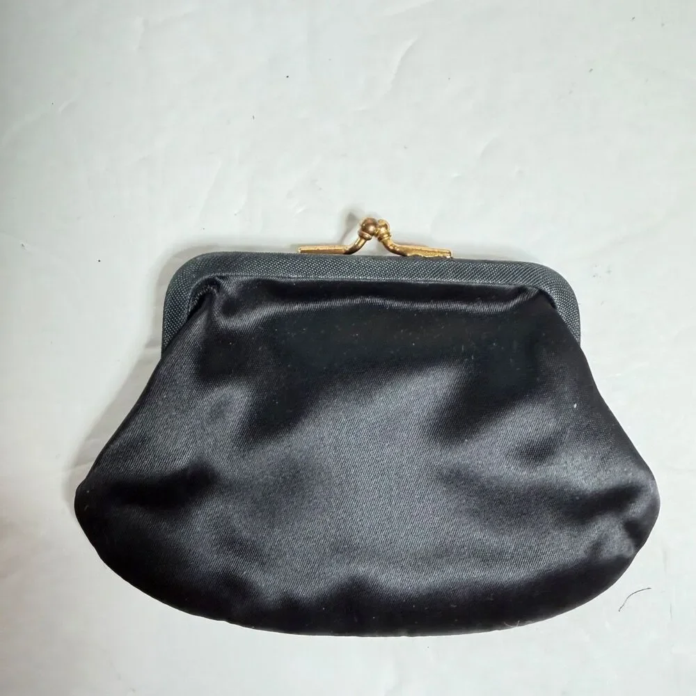 Vintage Morris Moskowitz MM Black Evening Clutch Kiss Lock Purse Mirror Coin Bag